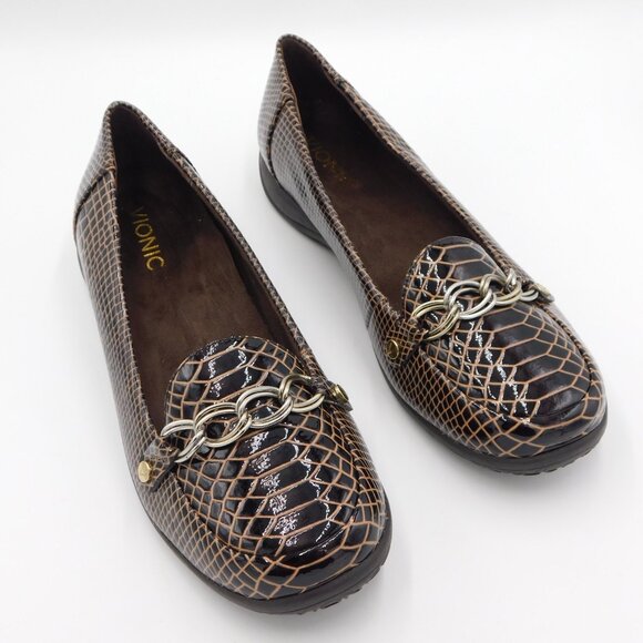 Vionic Brown Patent Leather Faux Croc Embossed Alda Loafers | EUC | 8 Wide - Picture 2 of 12